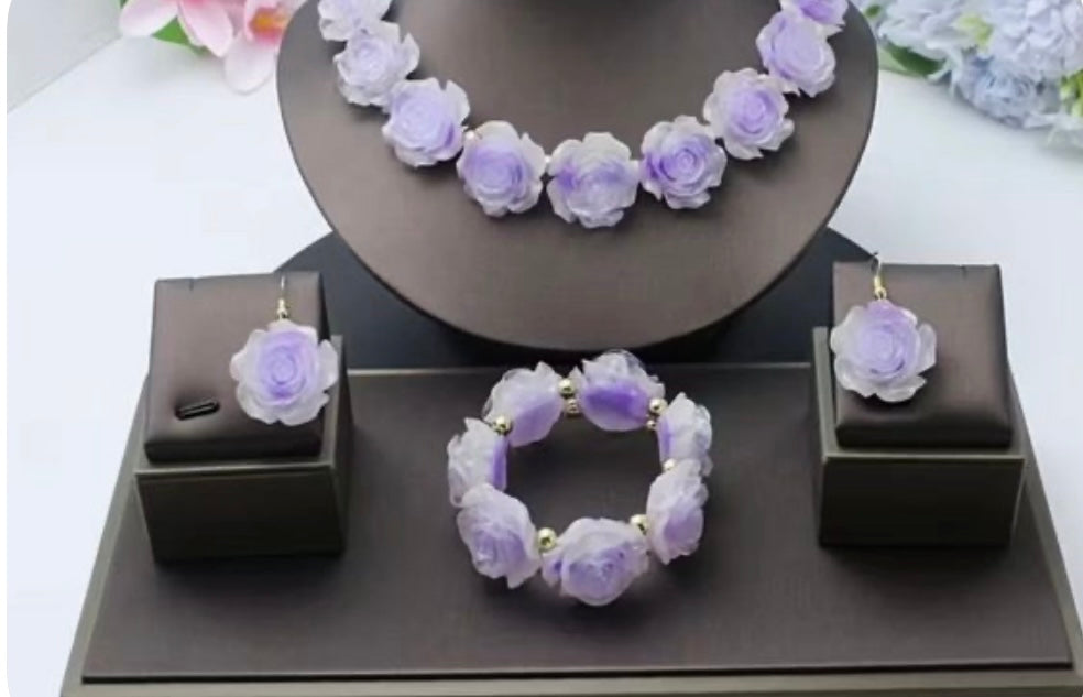 Light purple Earrings, Resin Rose Flowers Necklace Earrings and Bracelet.