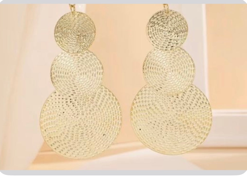 Elegant Round Disc Triple Long Earrings 18K Gold Plated Filigree Carved Statement Ear Jewelry for Women Girls
