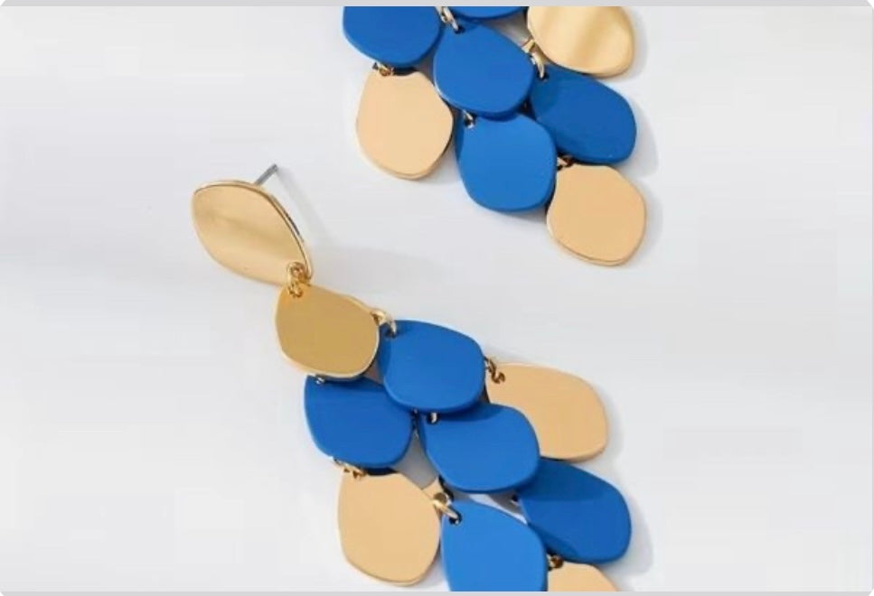 Blue vintage long Gold metal Teardrop Earrings with Exaggerated Tassels