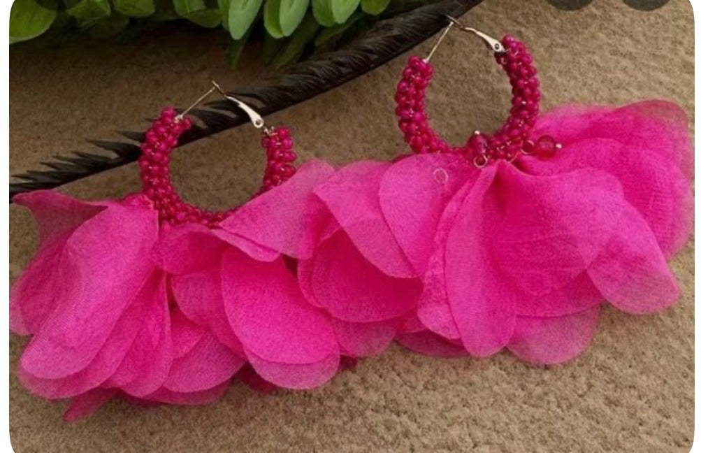 Handmade rice bead fabric tassel earrings